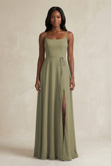 A-Line Spaghetti Straps Chiffon Bridesmaid Dress in Thyme | KISSBRIDAL
