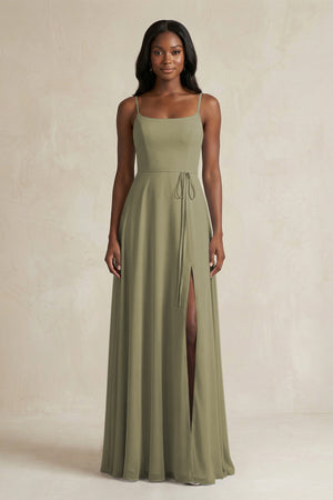 A-Line Spaghetti Straps Chiffon Bridesmaid Dress in Thyme | KISSBRIDAL
