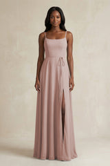 A-Line Spaghetti Straps Chiffon Bridesmaid Dress in Toffee | KISSBRIDAL
