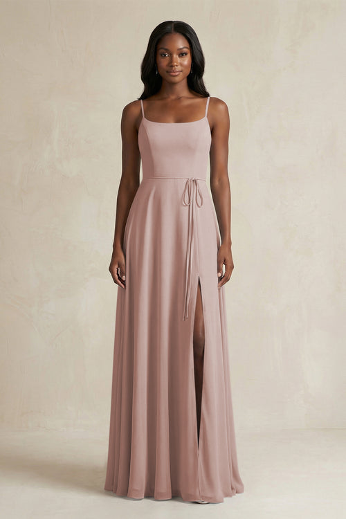 A-Line Spaghetti Straps Chiffon Bridesmaid Dress in Toffee | KISSBRIDAL