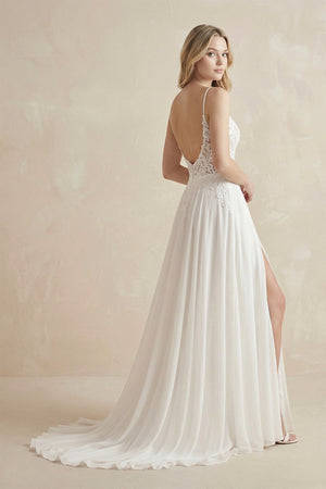 A - Line Spaghetti Straps Chiffon Wedding Dress in White - SHE IS ME Wedding Dresses
