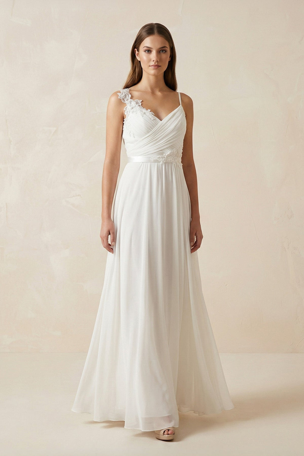 A - Line Spaghetti - Straps Chiffon Wedding Dress With Appliques in White - KISS BRIDAL Wedding Dresses