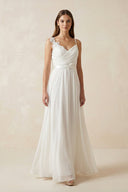 A - Line Spaghetti - Straps Chiffon Wedding Dress With Appliques in White - SHE IS ME Wedding Dresses