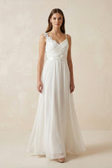 A - Line Spaghetti - Straps Chiffon Wedding Dress With Appliques in White - KISS BRIDAL Wedding Dresses