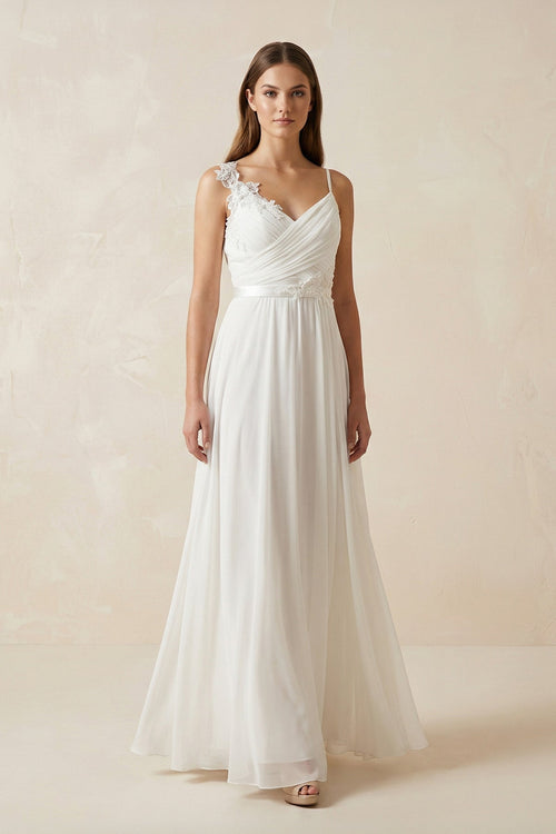 A - Line Spaghetti - Straps Chiffon Wedding Dress With Appliques in White - SHE IS ME Wedding Dresses