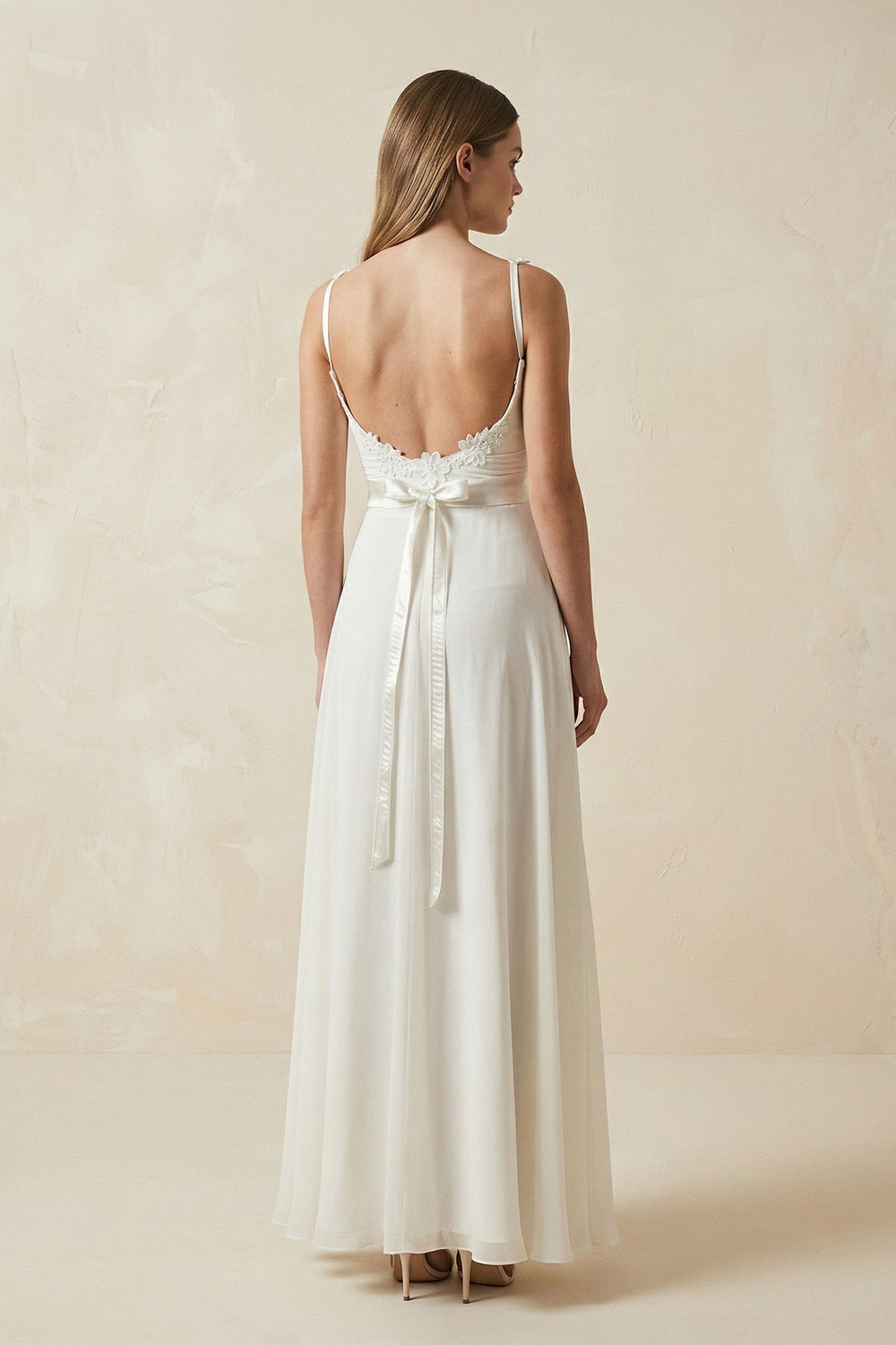 A - Line Spaghetti - Straps Chiffon Wedding Dress With Appliques in White - KISS BRIDAL Wedding Dresses