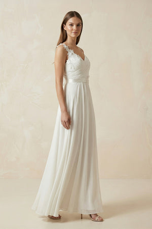 A - Line Spaghetti - Straps Chiffon Wedding Dress With Appliques in White - SHE IS ME Wedding Dresses