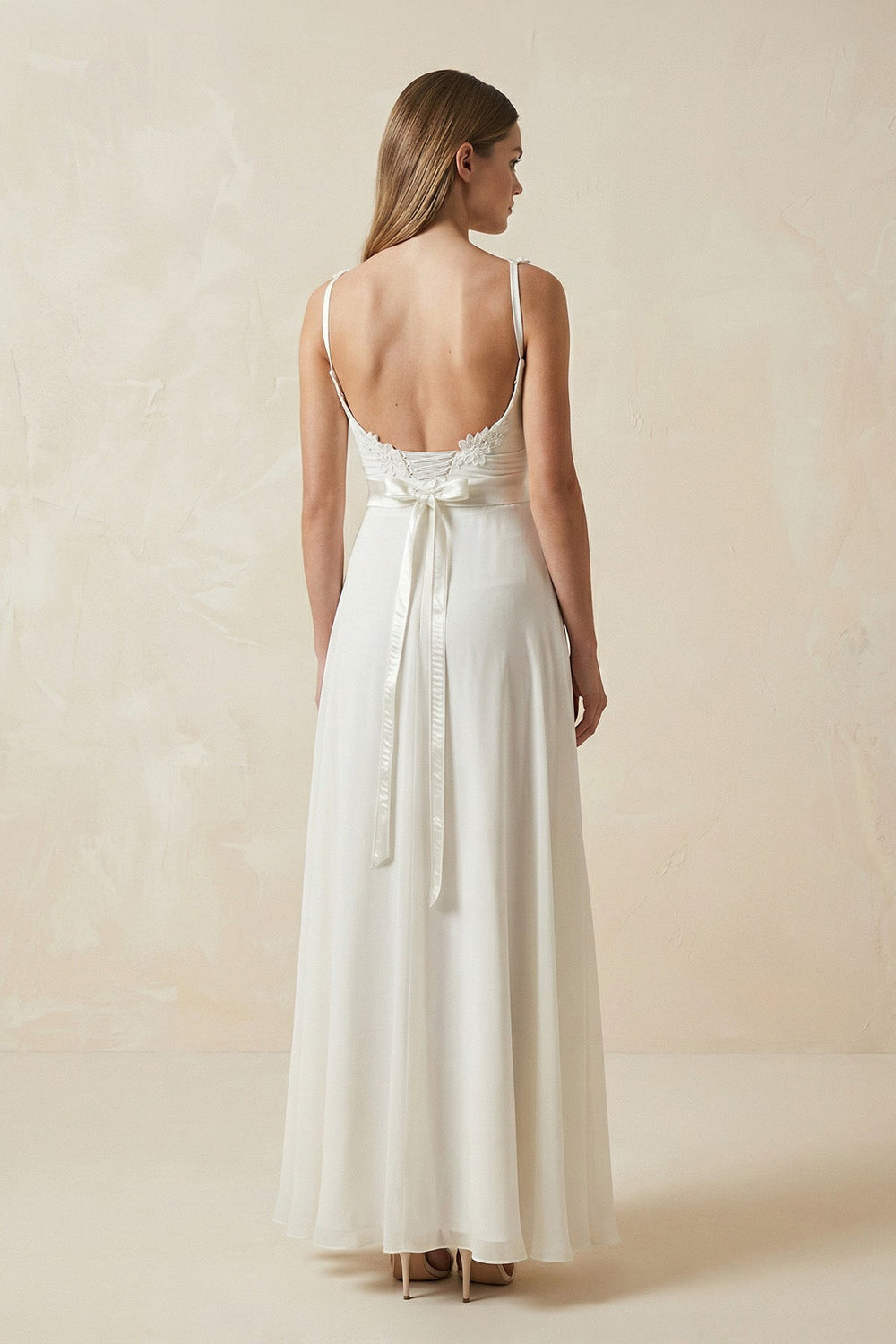 A - Line Spaghetti - Straps Chiffon Wedding Dress With Appliques in White - KISS BRIDAL Wedding Dresses