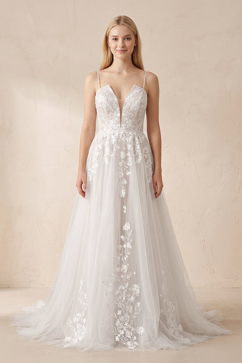 Ivory Lace Corset V - Neck A - Line Wedding Dress - KISS BRIDAL Wedding Dresses