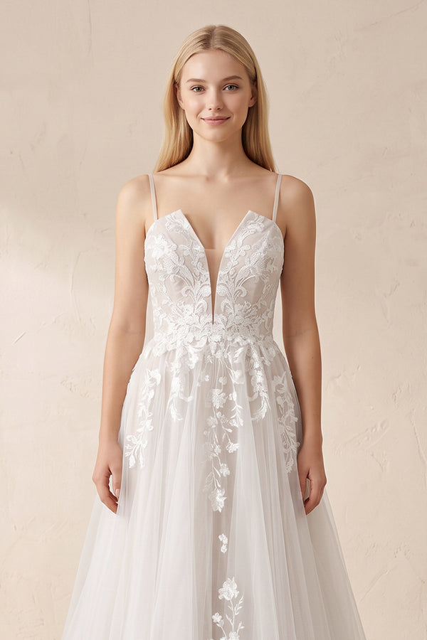 Ivory Lace Corset V - Neck A - Line Wedding Dress - KISS BRIDAL Wedding Dresses