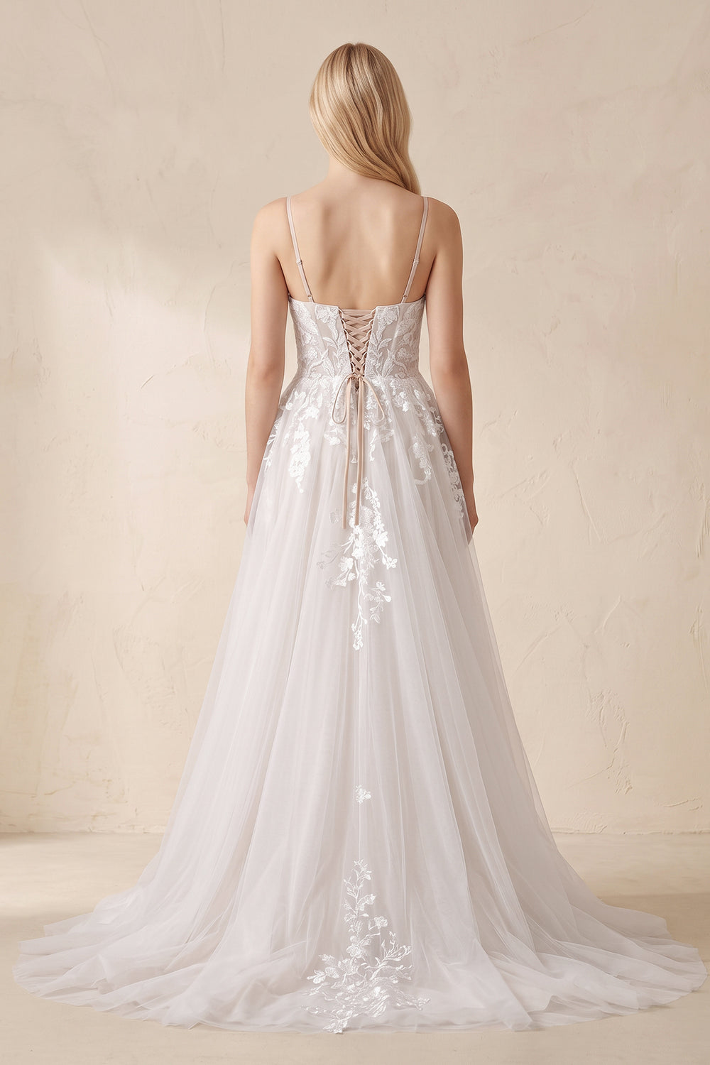 Spaghetti Straps Tulle V-Neck Ball Gown Wedding Dress