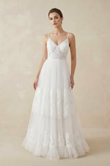 A Line Spaghetti Straps Lace Wedding Dress in White - KISS BRIDAL Wedding Dresses