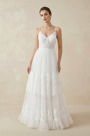 A Line Spaghetti Straps Lace Wedding Dress in White - SHE IS ME Wedding Dresses