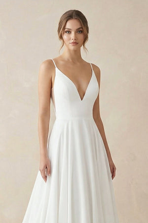 A - line Spaghetti Straps Lace Wedding Dress in White - SHE IS ME Wedding Dresses