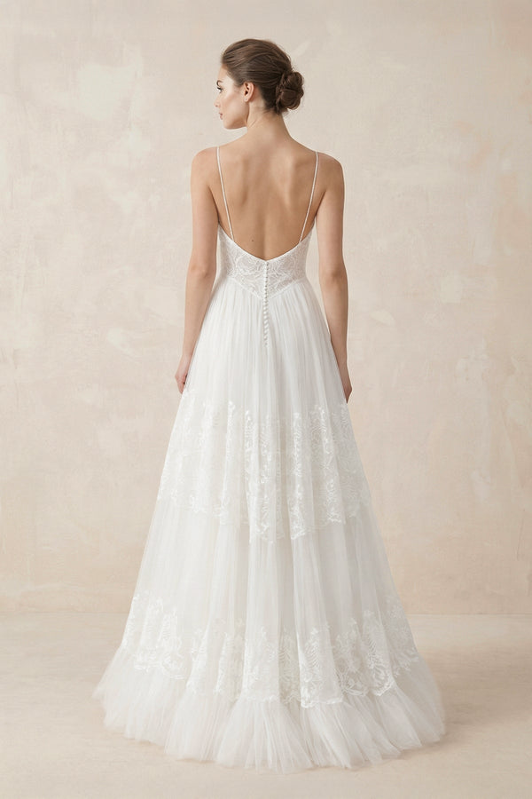 A Line Spaghetti Straps Lace Wedding Dress in White - SHE IS ME Wedding Dresses