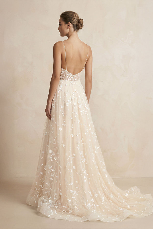 A Line Spaghetti Straps Wedding Dress in Champagne - SHE IS ME Wedding Dresses
