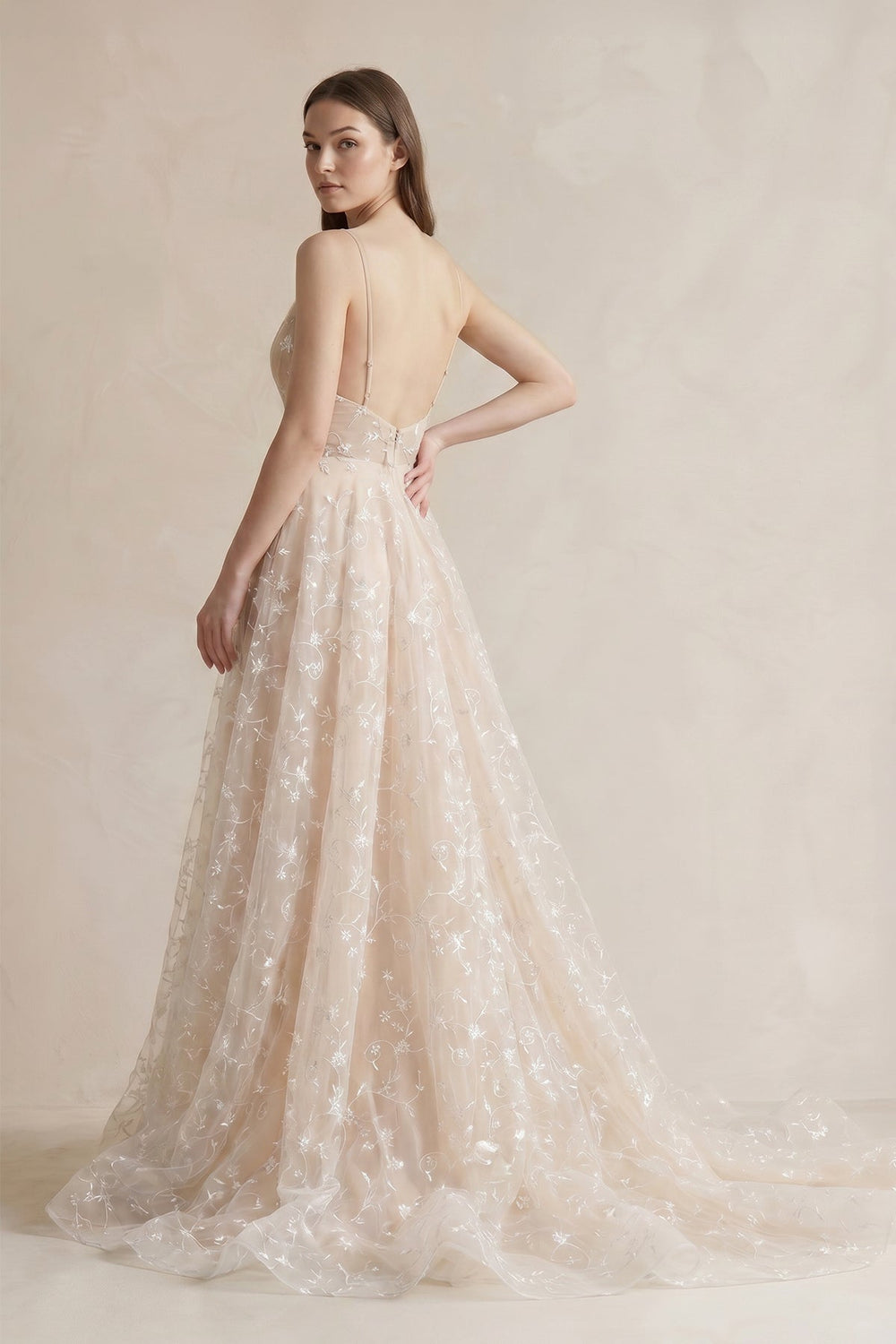 A Line Spaghetti Straps Wedding Dress in Champagne - KISS BRIDAL Wedding Dresses