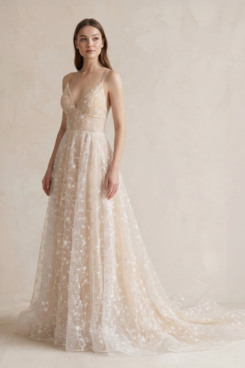 A Line Spaghetti Straps Wedding Dress in Champagne - KISS BRIDAL Wedding Dresses