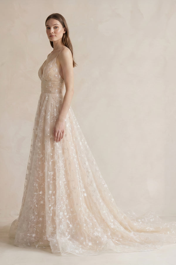 A Line Spaghetti Straps Wedding Dress in Champagne - KISS BRIDAL Wedding Dresses