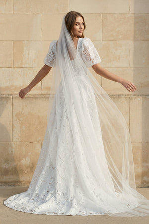 A Line Square Neck Lace Wedding Dress in White - SHE IS ME Wedding Dresses