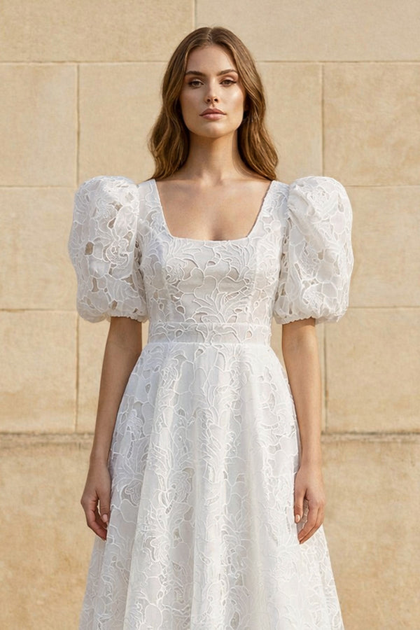 A Line Square Neck Lace Wedding Dress in White - SHE IS ME Wedding Dresses