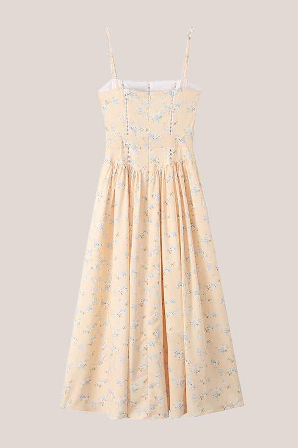 A - Line Square Neck Warm Rose Print Cotton Midi Dress in Yellow - SHE IS ME Dresses