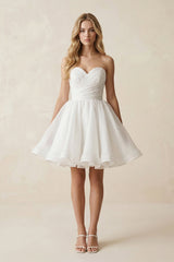 A - Line Strapless Pleated Organza Wedding Dress in White - KISS BRIDAL Wedding Dresses