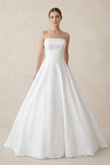 A - Line Strapless Satin Sweep Train Wedding Dresses in White - KISS BRIDAL Wedding Dresses