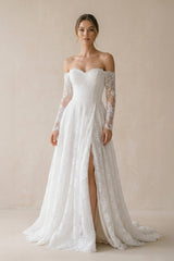 A Line Sweetheart Lace Wedding Dress With Slit in White - KISS BRIDAL Wedding Dresses