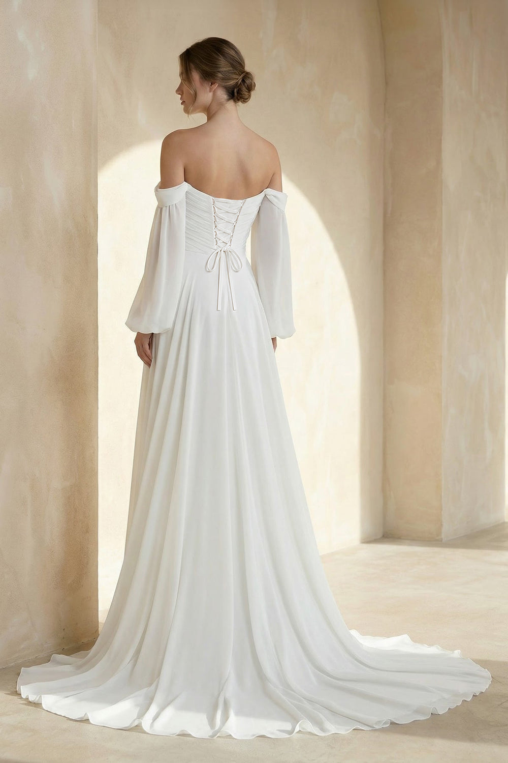 A - Line Sweetheart Long Sleeves Chiffon Wedding Dress - KISS BRIDAL Wedding Dresses