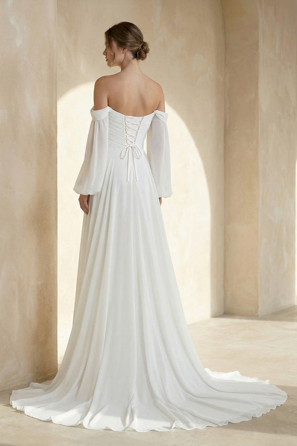 A - Line Sweetheart Long Sleeves Chiffon Wedding Dress - KISS BRIDAL Wedding Dresses