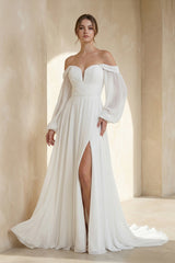 A - Line Sweetheart Long Sleeves Chiffon Wedding Dress - KISS BRIDAL Wedding Dresses