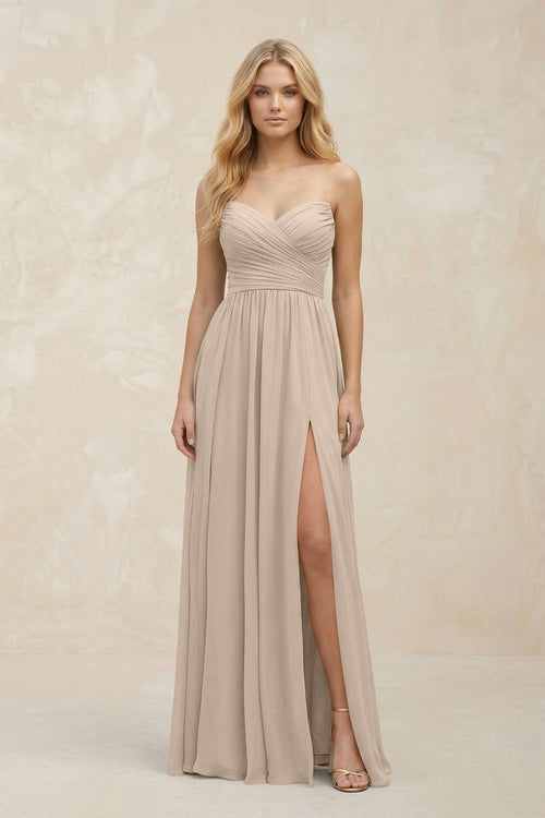 A - Line Sweetheart Pleated Chiffon Bridesmaid Dress in Almond - SHE IS ME Bridesmaid Dresses