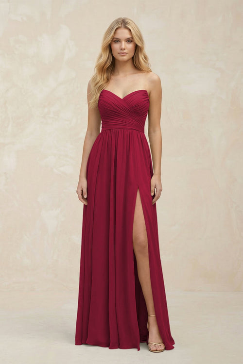 A - Line Sweetheart Pleated Chiffon Bridesmaid Dress in Berry - SHE IS ME Bridesmaid Dresses