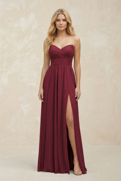 A-Line Sweetheart Pleated Chiffon Bridesmaid Dress in Berry | KISSBRIDAL