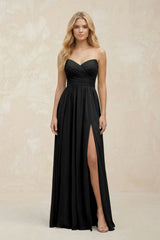 A - Line Sweetheart Pleated Chiffon Bridesmaid Dress in Black - KISS BRIDAL Bridesmaid Dresses