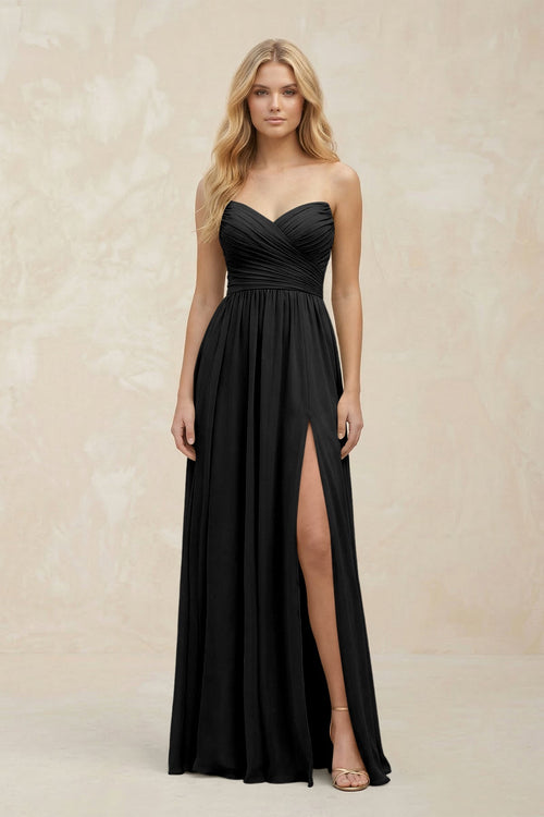 A - Line Sweetheart Pleated Chiffon Bridesmaid Dress in Black - SHE IS ME Bridesmaid Dresses