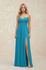 A - Line Sweetheart Pleated Chiffon Bridesmaid Dress in Blue Jay - KISS BRIDAL Bridesmaid Dresses
