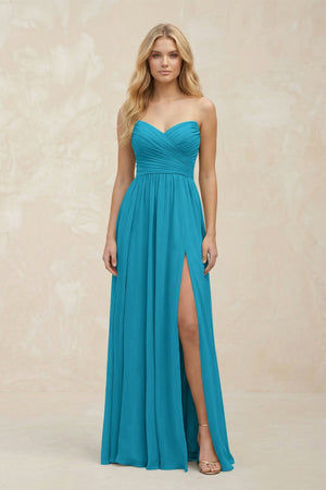 A - Line Sweetheart Pleated Chiffon Bridesmaid Dress in Blue Jay - SHE IS ME Bridesmaid Dresses