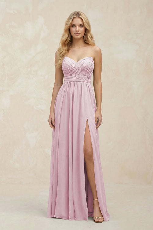 A-Line Sweetheart Pleated Chiffon Bridesmaid Dress in Candy Pink | KISSBRIDAL