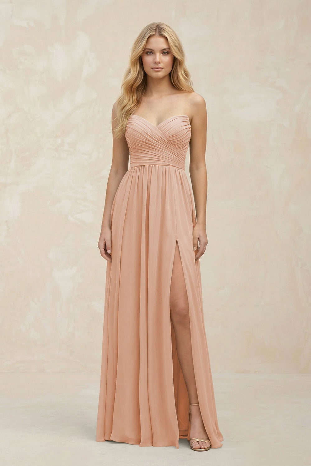 A - Line Sweetheart Pleated Chiffon Bridesmaid Dress in Champagne Rose - KISS BRIDAL Bridesmaid Dresses