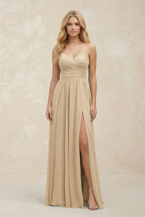 A-Line Sweetheart Pleated Chiffon Bridesmaid Dress in Champagne | KISSBRIDAL