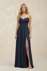 A - Line Sweetheart Pleated Chiffon Bridesmaid Dress in Dark Navy - KISS BRIDAL Bridesmaid Dresses