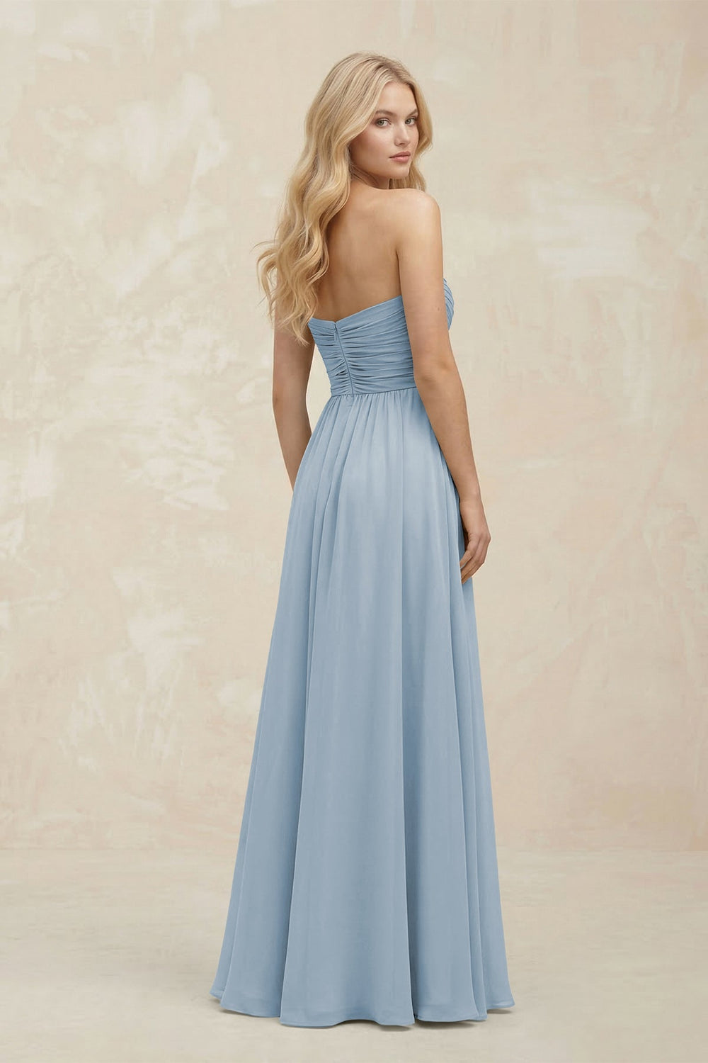 A - Line Sweetheart Pleated Chiffon Bridesmaid Dress in Dusty Blue - KISS BRIDAL Bridesmaid Dresses