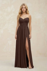 A - Line Sweetheart Pleated Chiffon Bridesmaid Dress in Espresso - KISS BRIDAL Bridesmaid Dresses