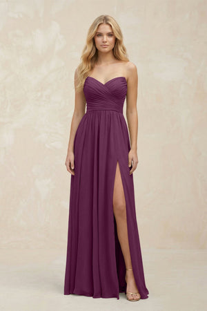 A - Line Sweetheart Pleated Chiffon Bridesmaid Dress in Fig - SHE IS ME Bridesmaid Dresses