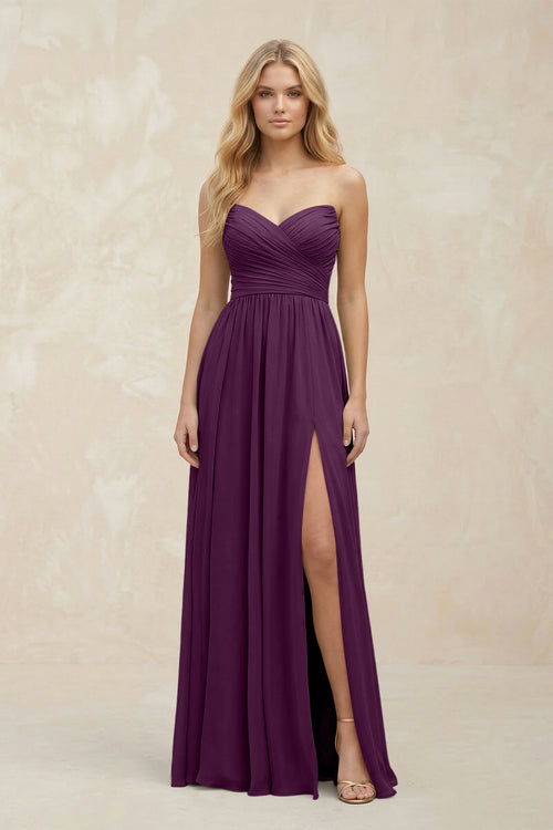 A-Line Sweetheart Pleated Chiffon Bridesmaid Dress in Fig | KISSBRIDAL