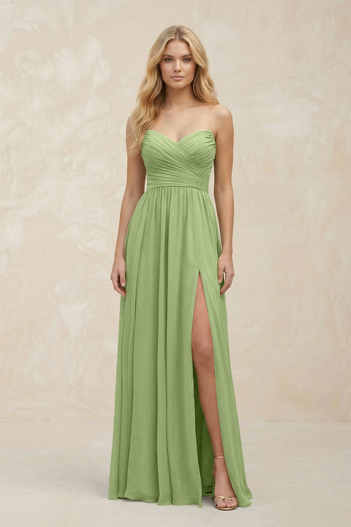 A - Line Sweetheart Pleated Chiffon Bridesmaid Dress in Matcha - SHE IS ME Bridesmaid Dresses