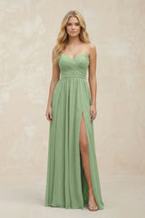 A-Line Sweetheart Pleated Chiffon Bridesmaid Dress in Matcha | KISSBRIDAL