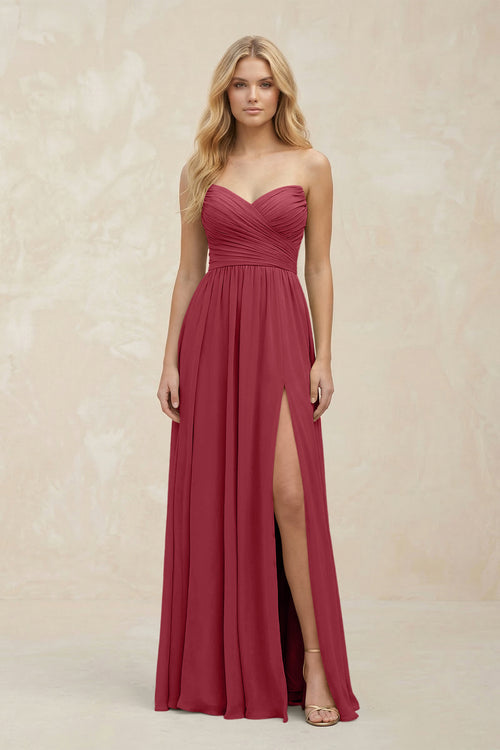 A-Line Sweetheart Pleated Chiffon Bridesmaid Dress in Merlot | KISSBRIDAL